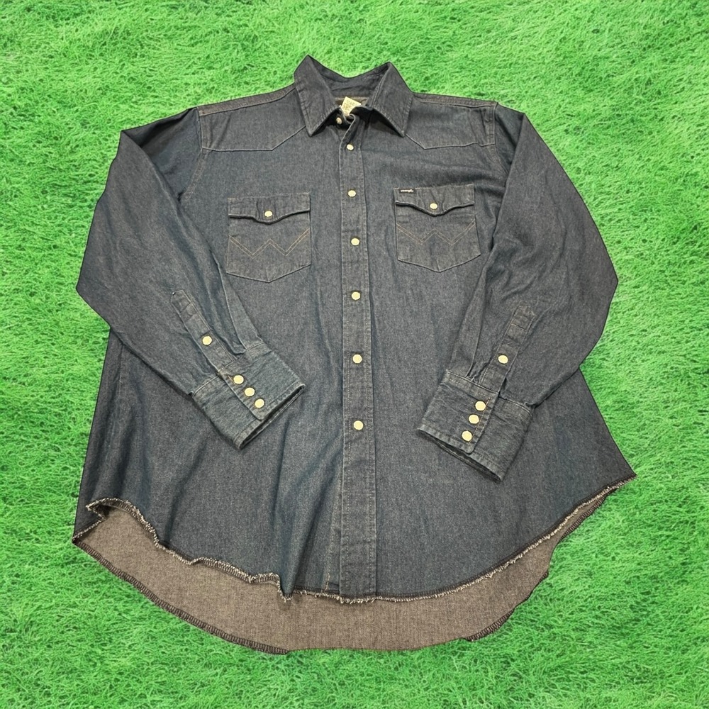Wrangler Denim Pearl Snap Shirt Men XL‎ Blue Dark Cowboy Cut Western Rodeo